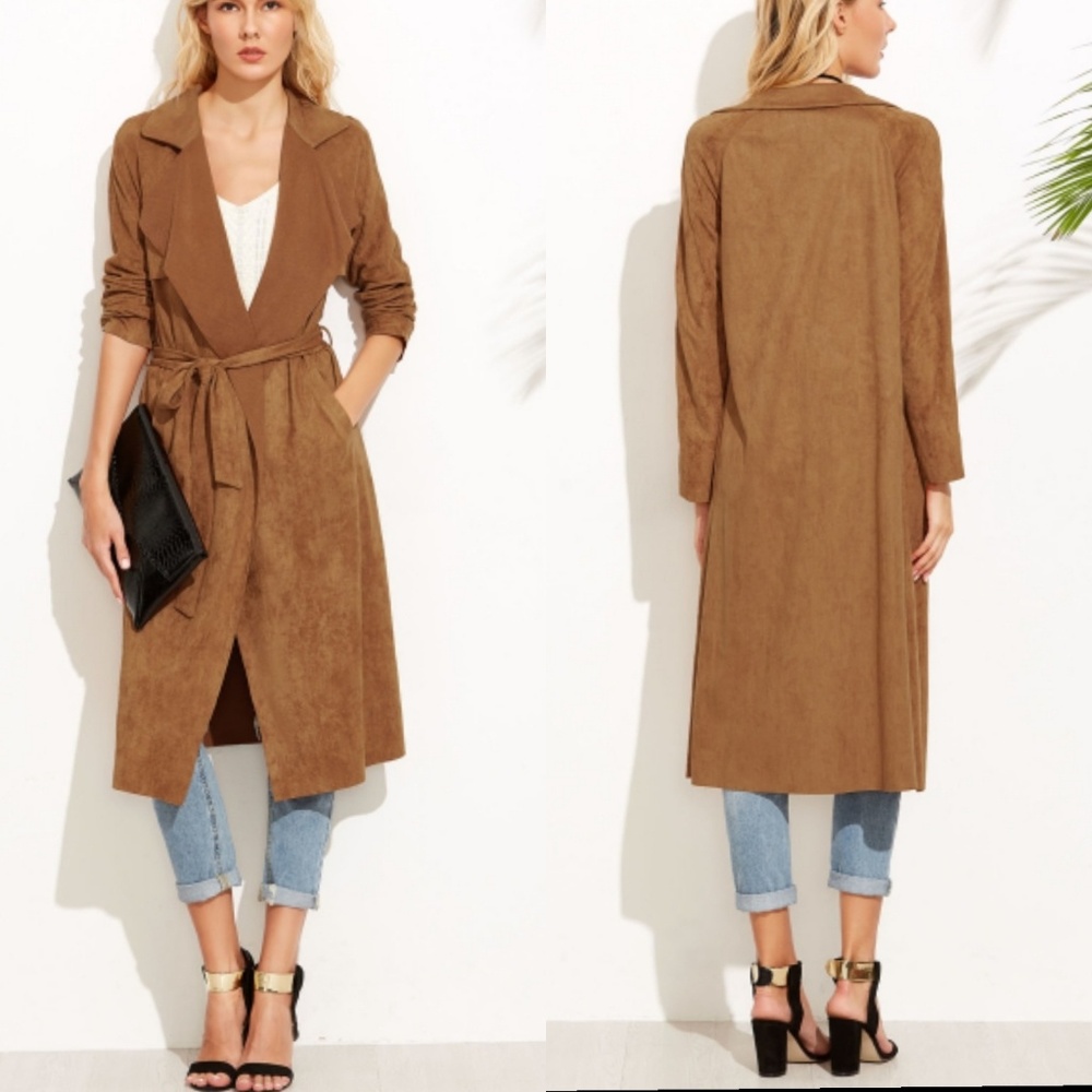 LAST! Camel colored suede long duster trench coat - Picture 1 of 7